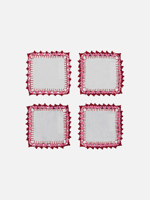 OHM HANDMADE - BARDAK ALTLIĞI - Bardak Altliği 4'Lü Set - Beyaz Pembe Kırmızı - shopi go'da!.