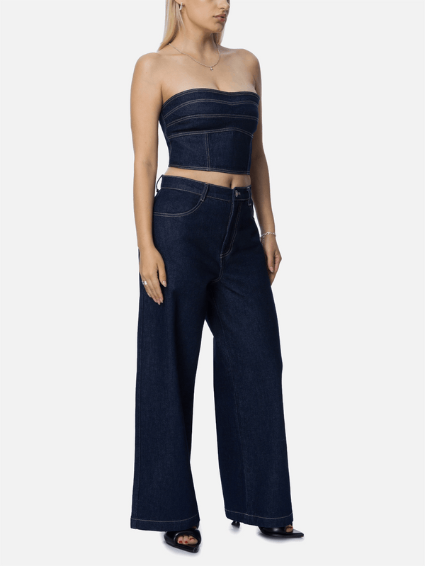 RE2MC - BLUZ - Kot Straplez Crop - Mavi - shopi go'da!.