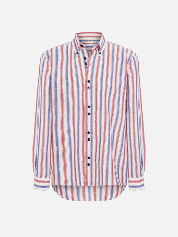 MI MAGIC LOVE Ease Red Striped Boyfriend Shirt – kırmızı, lacivert ve beyaz çizgili, önden görünüm