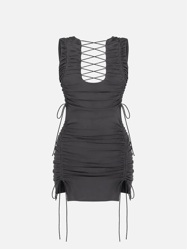 SLOWBURN Runa Dress – grafit gri, arka görünümde çapraz bağcık detayı