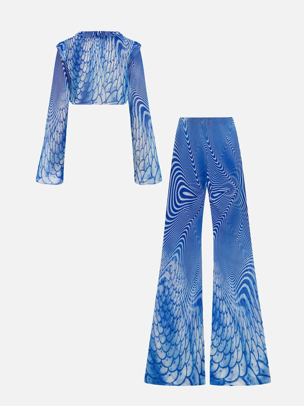 MI MAGIC LOVE Seaside Blue Patterned Set – Seaside Blue, arka görünüm crop top ve bol paça pantolonlar