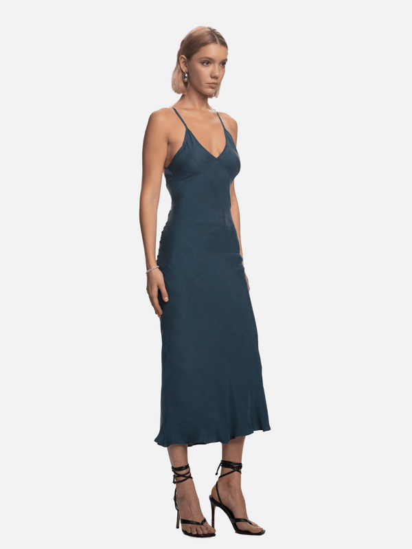 SHOPI GO - ELBİSE - Yuriko Arkası Drapeli Elbise - Indigo - shopi go'da!.