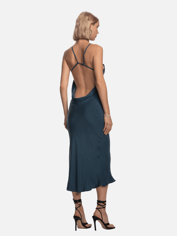 SHOPI GO - ELBİSE - Yuriko Arkası Drapeli Elbise - Indigo - shopi go'da!.
