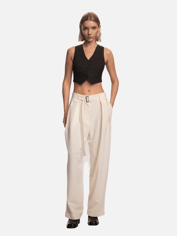 SHOPI GO - PANTOLON - Kumi Beli Kemerli Oversize Pilili Pantolon - Kırık Beyaz - shopi go'da!.