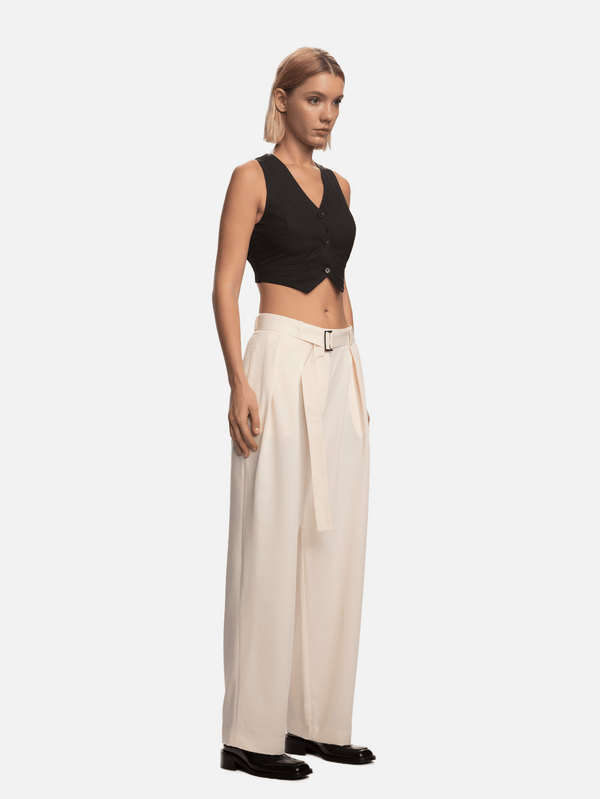 SHOPI GO - PANTOLON - Kumi Beli Kemerli Oversize Pilili Pantolon - Kırık Beyaz - shopi go'da!.