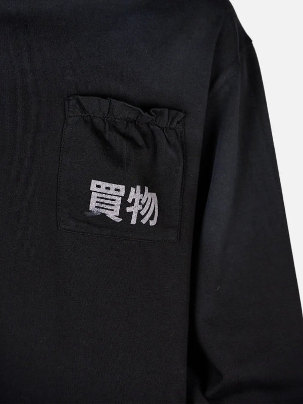 shopi go Ginzan Long Sleeve T-Shirt – siyah, beyaz logo ön göğüs cebinde, önden görünüm