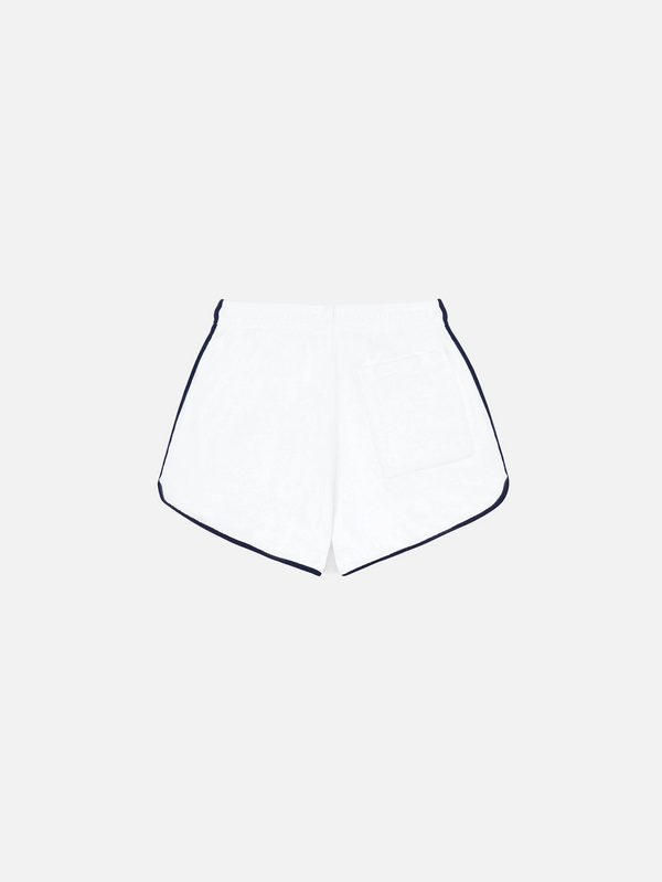 SPORTY & RICH - ŞORT - Serif Logo Terry Shorts - White/Navy - shopi go'da!.