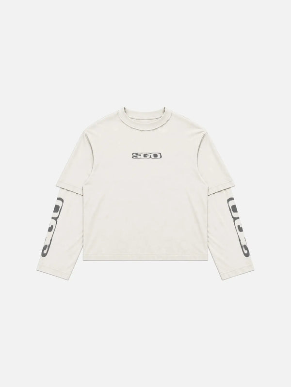 shopi go Tomisato Double Sleeve T-Shirt – Off White, önden görünüm; logolu gövde, çift kol detayı