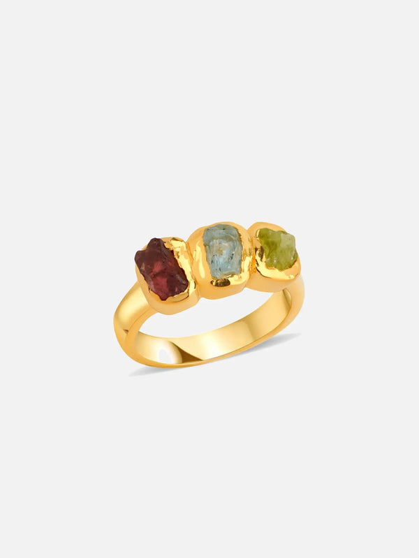 ORE DUNE Zeph Ring - Ham - Garnet / Aquamarine / Tourmaline – altın, üstten görünüm